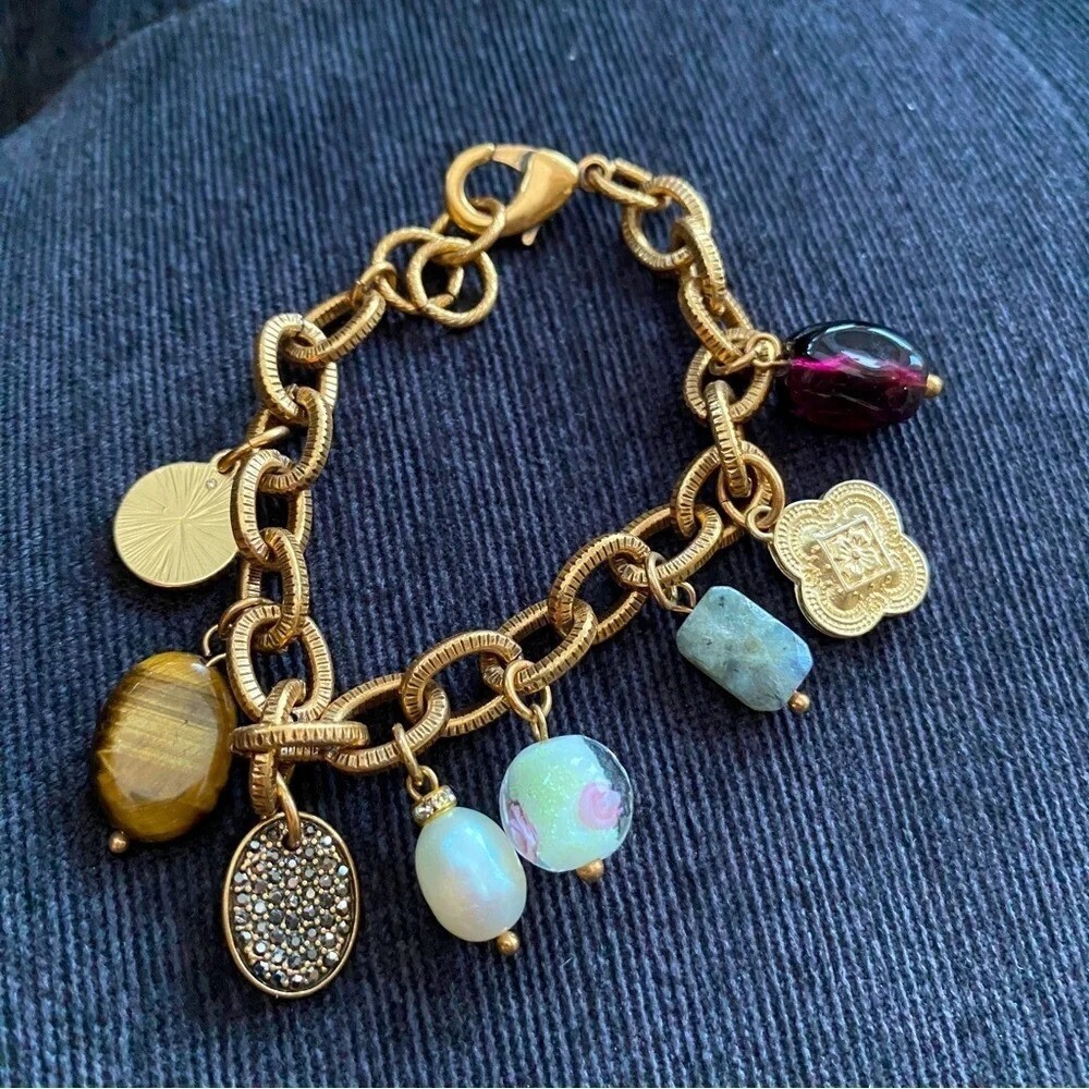 Tigers Eye Murano Bead Pave Crystal Chunky Natural Stone Bronzed Bracelet